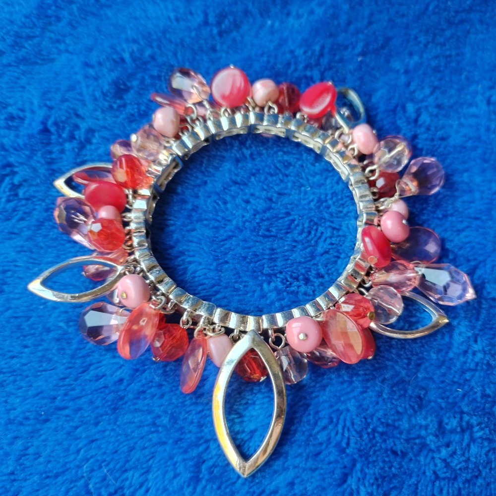 Charm Beaded Pink Red Cha-Cha Beaded Valentine Metal Stretch Bracelet